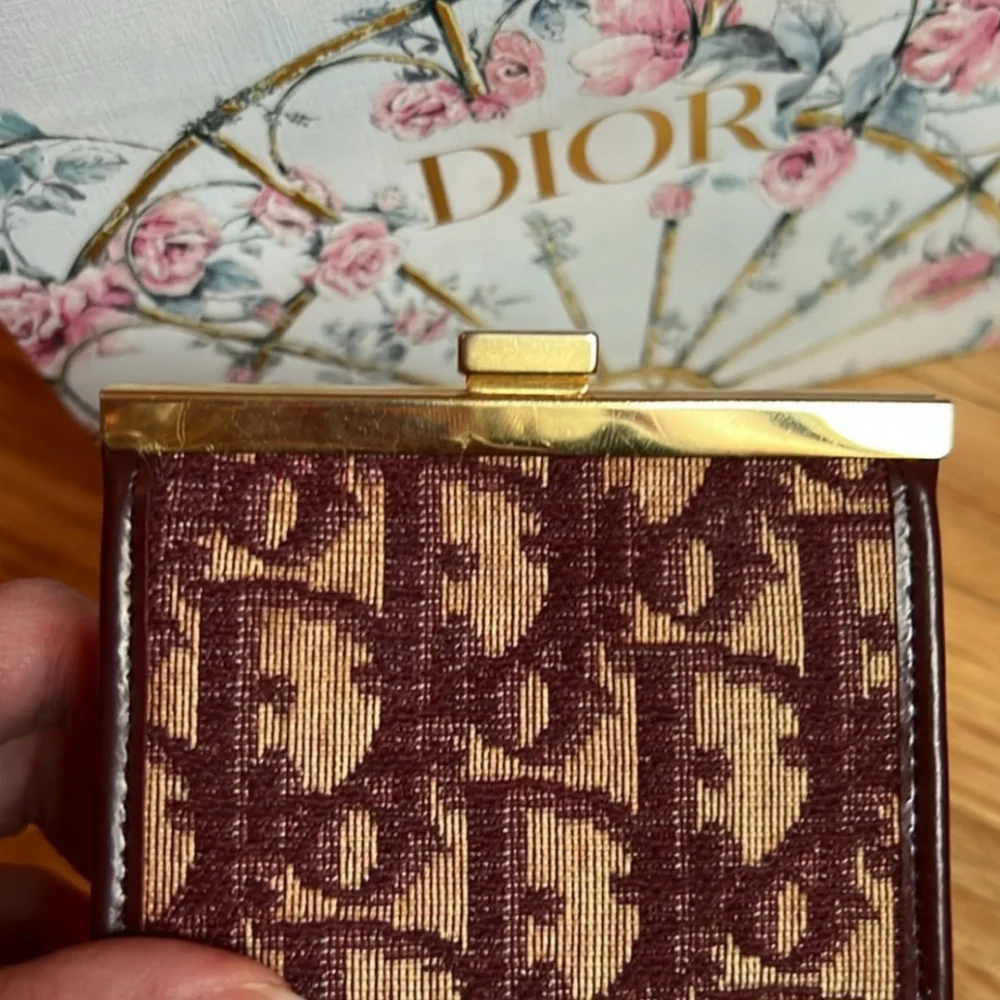 Dior Burgundy and Beige Monogram Compact Wallet